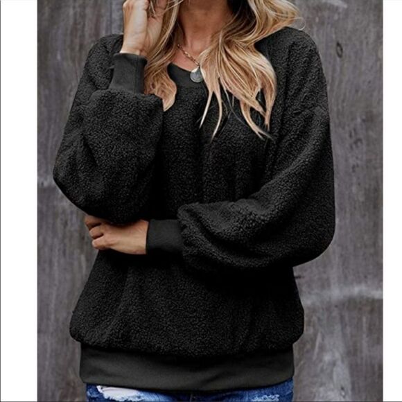 NEW Black Long Sleeve Fleece Pullover Sweater Top - Picture 3 of 6